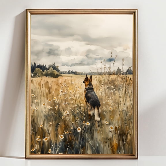 German Shepherd In Wildflower Field – Rustic Dog Art Print, Countryside Landscape Wall Decor, Peaceful Pet Nature Scene Wall Art, Modern Wall Decor, 8x12 UNFRAMED