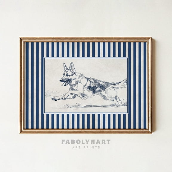 German Shepherd With Zoomies Blue Striped Running Dog Sketch Painting GSD Dog Mom Graphic Poster Unframed Paper Print