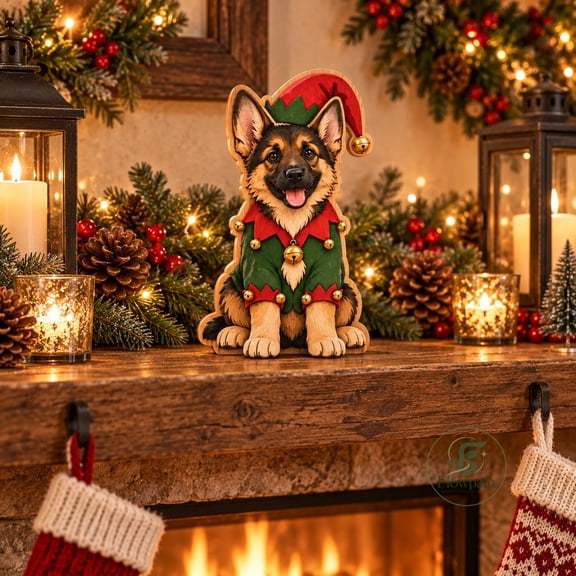 German Shepherd Wooden Block Christmas Elf Tabletop Figurine for Dog Lovers