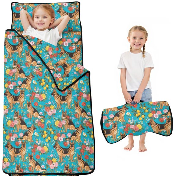 German Shepherd and Floral Blue Kids Nap Mat, All-in-One Nap Pad with Handle & Fastening Straps, Easy Roll Up Gifts for Birthday Holiday,50"x20"