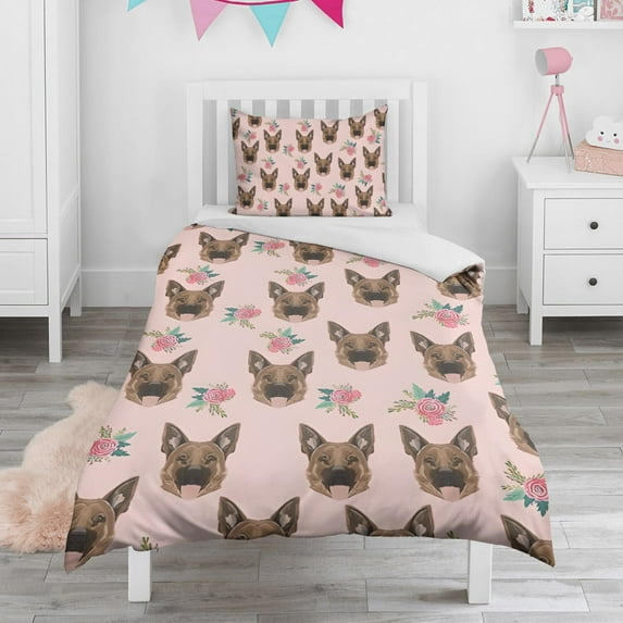German Shepherd and Flowers Duvet Cover and Pillowcase Set for Single Bedding, Bedroom Accessories for Kids Teens