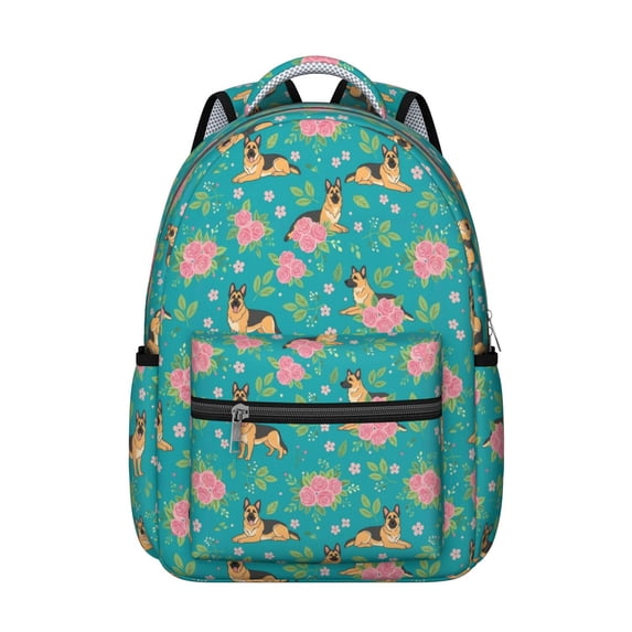 German Shepherd and Rose Backpack for School, Cute School Bag with Adjustable Shoulder Straps and Padded Back, 15.3"x11"x7.1"