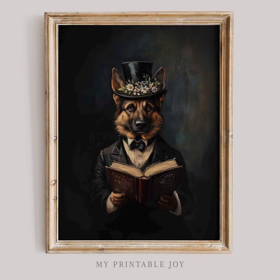 German Shepherd with Book Whimsical Dark Academia Vintage Poster Wall Art Booklover Bookish Gift Animal Decor, Size 8x12 UNFFRAMED F03.1.7l1444