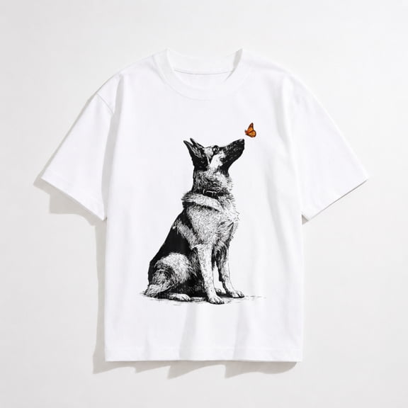 German Shepherd with Butterfly Minimalist Dog Lover Design T-Shirt