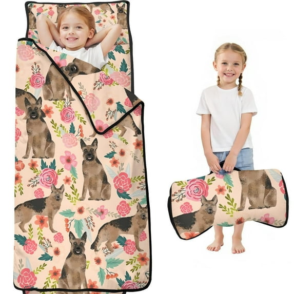 German Shepherd with Pioneer Flower Toddler Nap Mats for Kids Preschool,Sleeping Mat Bag or Kids,Toddler Sleeping Bag,Toddler Nap Mat or Daycare