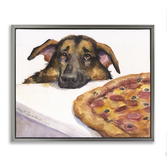 Stupell Industries German Shepherd with Pizza Gray Framed Floater Canvas Wall Art, design by George Dyachenko