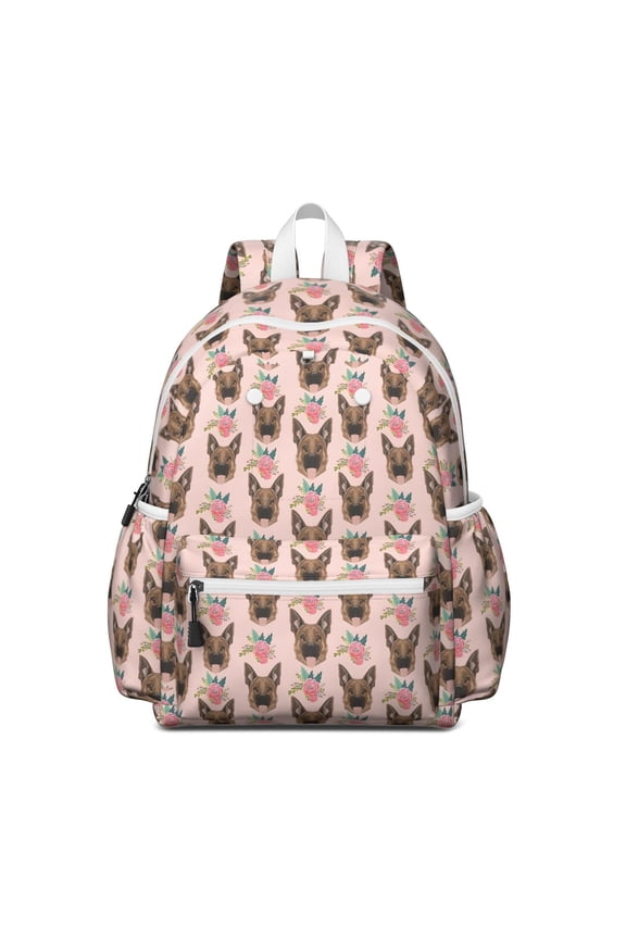 German Shepherd with Roses Backpack for School,Cute School Bag,Schoolbag with Adjustable Shoulder Straps & Padded Back,13.4"x11"x4.7"