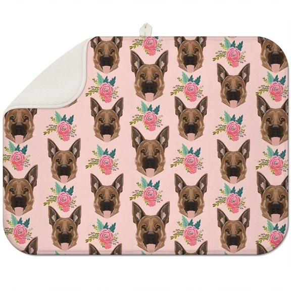 German Shepherd with Roses Dish Drying Mat for Kitchen 1 Pack, Ultra Absorbent Microfiber Dishes Drainer Mats,18"x24"