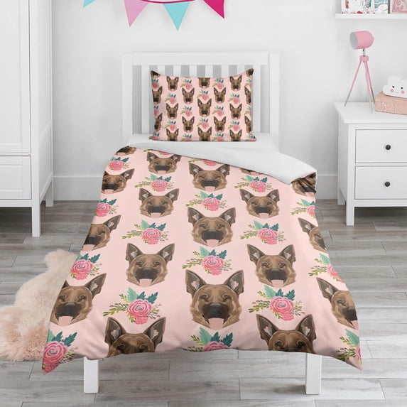 German Shepherd with Roses Duvet Cover and Pillowcase Set for Single Bedding, Bedroom Accessories for Kids Teens