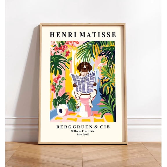 German Shorthair Pointer Dog on Toilet Wall Art, Unframed Paper Poster 8x10in