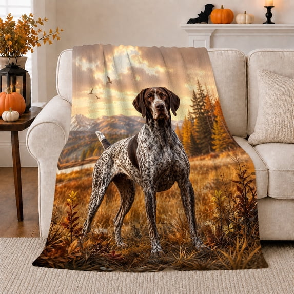 German Shorthaired Pointer Autumn Forest Scene Hunting Dog, Peaceful Pet Portrait Pattern, Warm Flannel Blanket for Cabin and Lodge, Dog Lovers Thanksgiving Gift, Pet Lover Home Decor