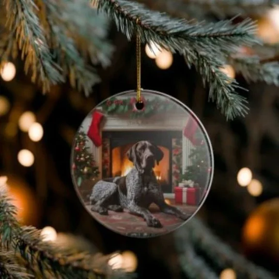 German Shorthaired Pointer Collectible Ceramic Christmas Holiday Dog 2D FLAT CIRCLE Ceramic Ornament