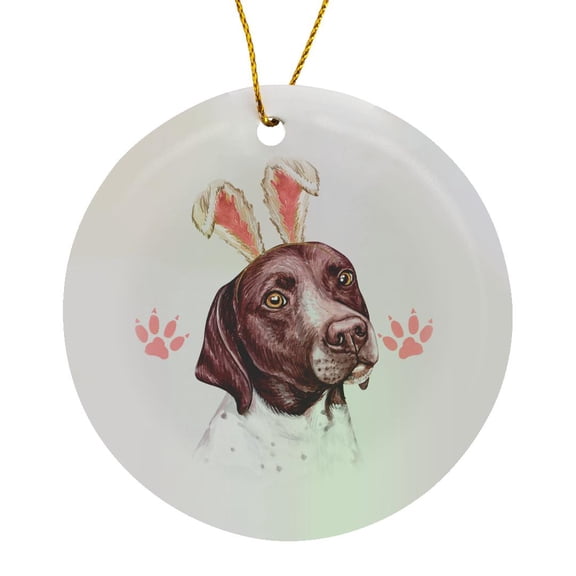 3drose, German Shorthaired Pointer Dog in Pink Bunny Ears for Easter, Circle Porcelain Ornament