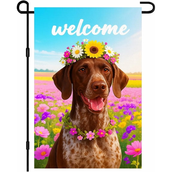 German Shorthaired Pointer Dog Spring Garden Flag 12x18 Inch GSP Canine Flower Crown Sunflower Daisy Pink Wildflowers Floral Double Sided Vertical Small Yard Flag Seasonal Outdoor Decoration for Outs