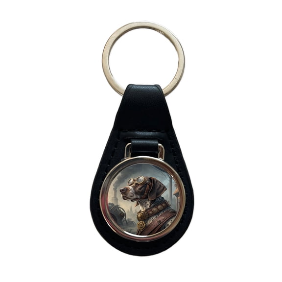 German Shorthaired Pointer Dog Steampunk Metal Black Leather Keychain