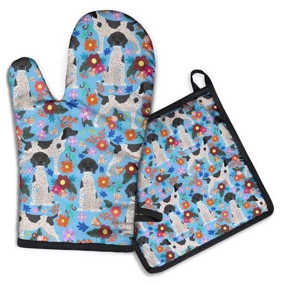 German Shorthaired Pointer Dog and Flower Kitchen Oven Mitt and Pot Holder Sets 2 Pcs for Baking, Cooking and Grilling, Heat Resistant Up To 392 °F