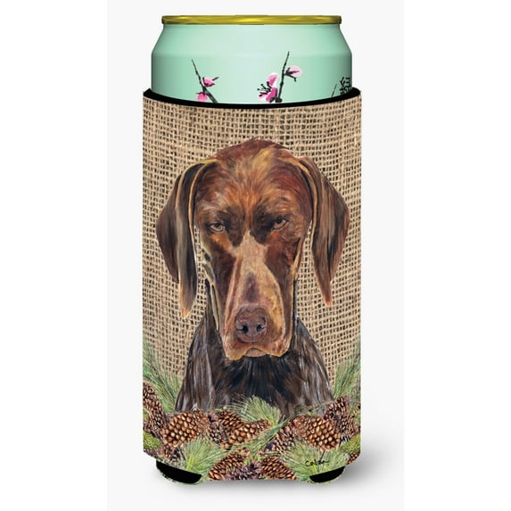 German Shorthaired Pointer Faux Burlap and Pine cones Tall Boy Hugger