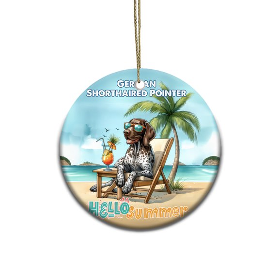 German Shorthaired Pointer Hello Summer Beach Theme with Sunglasses and Tropical Cocktail Ceramic Round Ornament GSP Lover Dog Gift Home Tree Decor - 00009