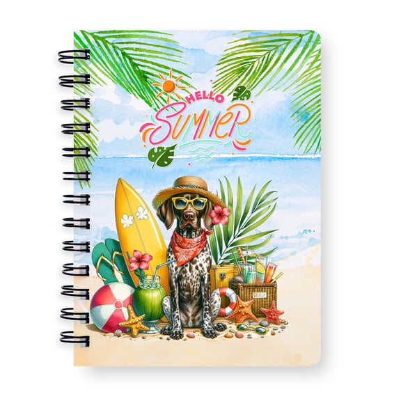 German Shorthaired Pointer Hello Summer with Sunglasses and Surfboard Tropical Vibes Spiral Bound Journal GSP Lover Dog Gift 5x7in Spiral Notebook - 00007