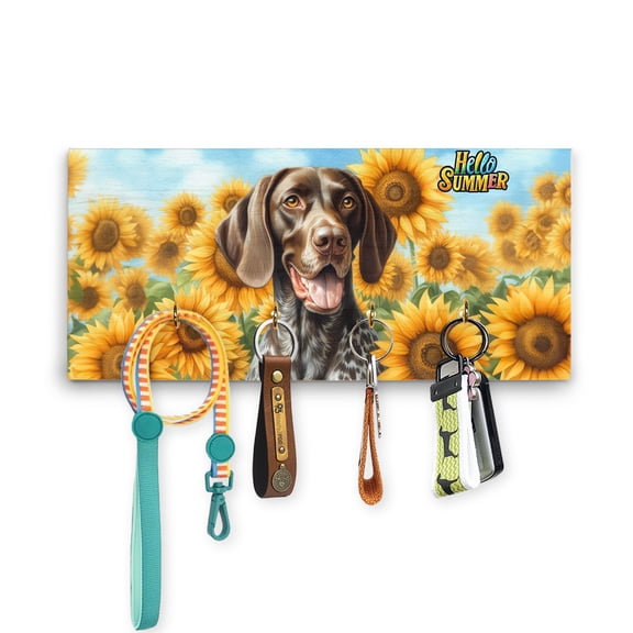 German Shorthaired Pointer Hello Summer Sunshine Sunflowers Spring Retro Vintage Wood Key Holder GSP Lover Dog Gift Wall-mounted Key Rack Home Decor - 00008