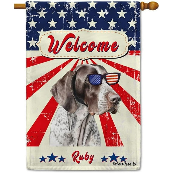 German Shorthaired Pointer Patriotic Welcome House Flag Watercolor Dog 4th of July US Stars and Stripes Flag Banner for Outside Yard Custom 28X40 Inch Double Side