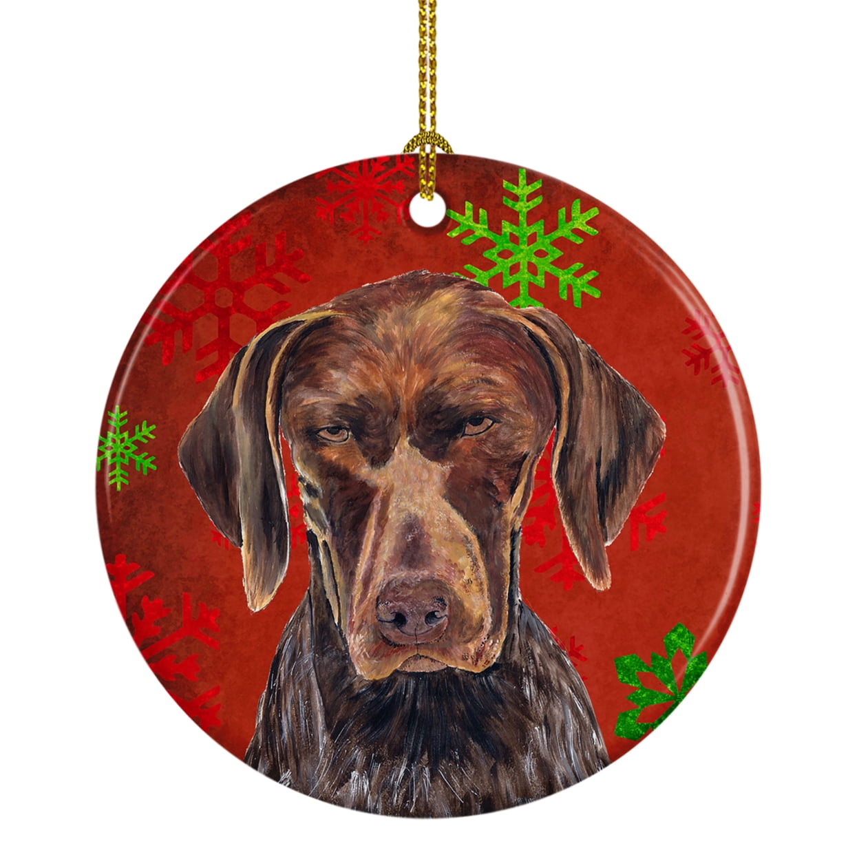 Carolines Treasures SC9435-CO1 German Shorthaired Pointer Red Snowflakes Holiday Christmas Ceramic Ornament, Multicolor