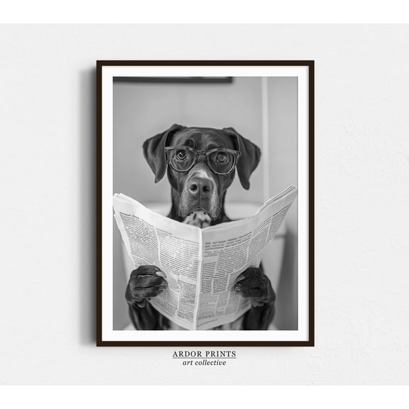 German Shorthaired Pointer Sitting On Toilet Poster, Dog Reading Newspaper, Black And White, Bathroom And Gallery Wall Decor