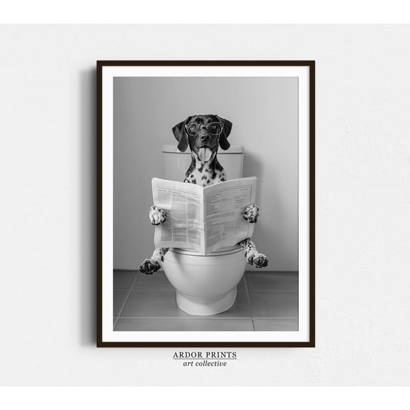German Shorthaired Pointer Sitting On Toilet Poster, Gsp Reading Newspaper, Black And White Dog, Bathroom And Gallery Wall Decor