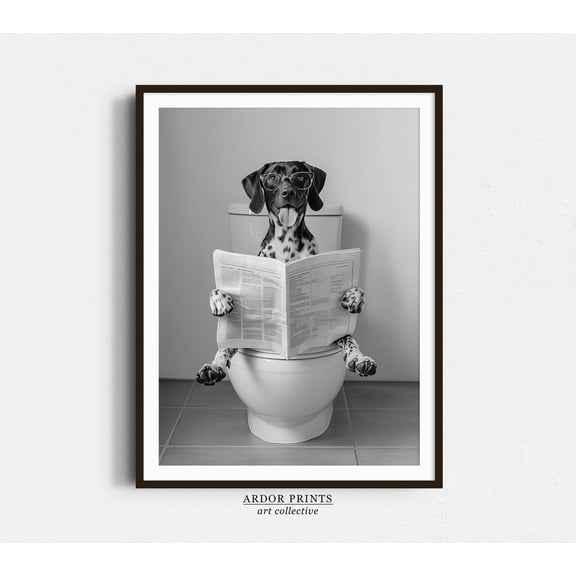 German Shorthaired Pointer Sitting On Toilet Wall Art Gsp Reading Newspaper Black And White Print Funny Dog Poster Bathroom Wall Decor Decor For Living Room Bedroom POSTER