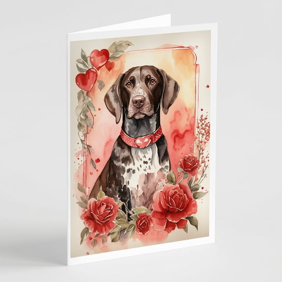 German Shorthaired Pointer Valentine Roses Greeting Cards Pack of 8 7 in x 5 in