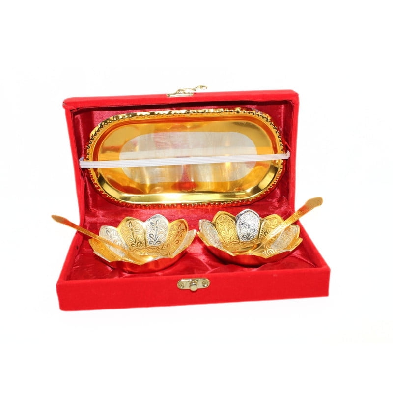 German Silver Bowl,Gold silver Plated Bowl,Spoon and Tray Set,Wedding Return Gifts,Diwali Gifts for Friend and Family