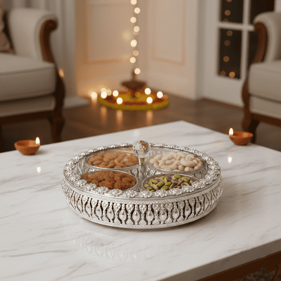 German Silver Dry Fruit Platter and Bowl Set (with Lid)- Home Decor Item