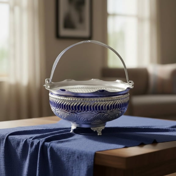 German Silver Flower Basket Bowl 8 Inch  Elegant Handle Design for Pooja, Home Dcor & Gift Item