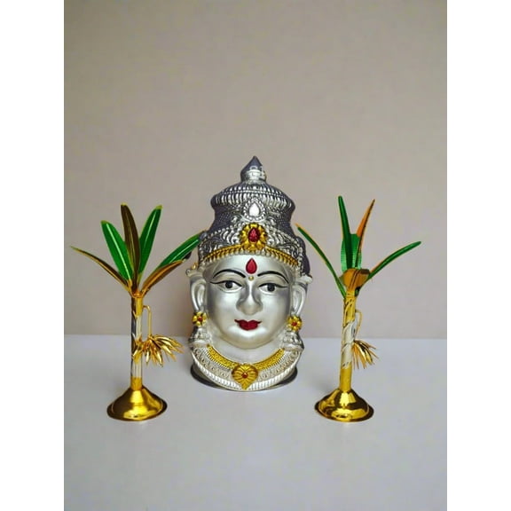 German Silver Lakshmi Face with Banana Pair  Varalakshmi Pooja Set | Traditional Decor for Housewarming, Festivals & Puja Altar Setup