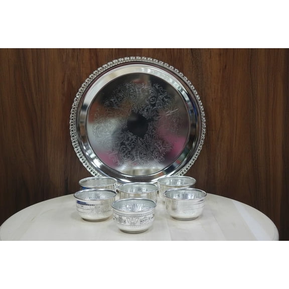 German Silver Lotus Tray with 6 Bowls Set Handcrafted Antique Finish Pooja, Serving & Gift Dcor