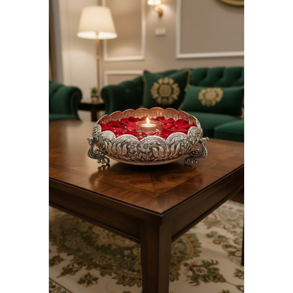 German Silver Lotus Urli Bowl  Antique Finish with Peacock Legs for Home Dcor, Housewarming & Diwali Festival