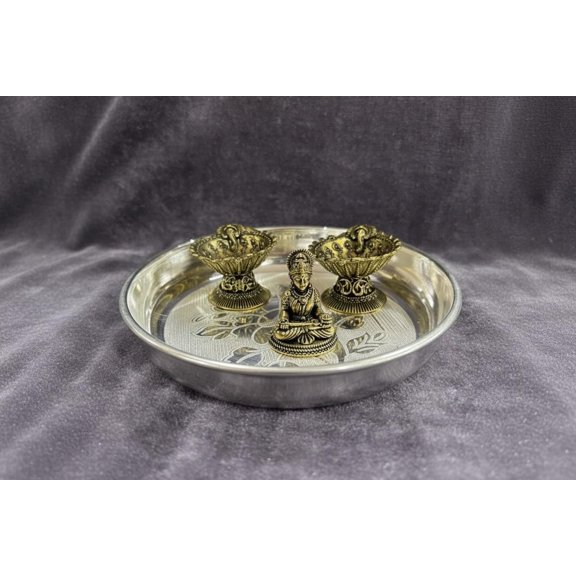 German Silver Plate with Brass Ganesh Diya & Lakshmi Statue  For Housewarming Pooja