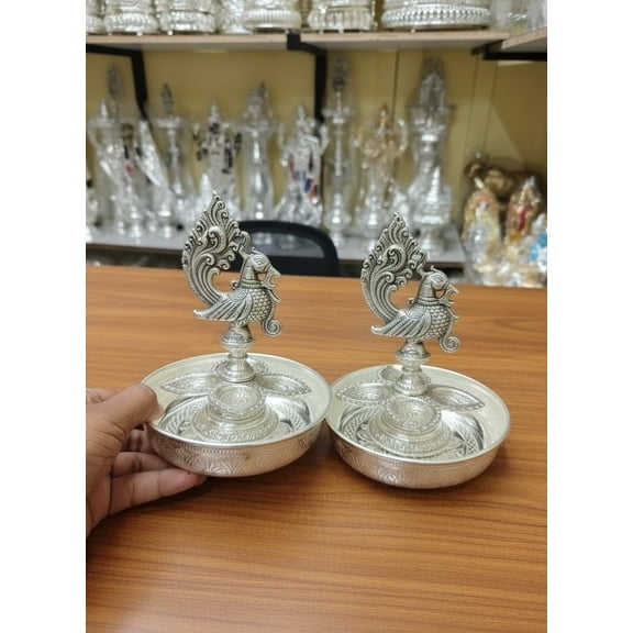 German Silver Plate with Peacock Diya Pair  4-Piece Set for Housewarming & Pooja Rituals