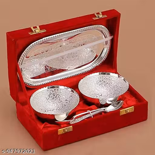 German Silver Plated Bowl Tray Set with Royal Velvet Gift Box Includes -1 Tray, 2 Bowls (150 ml), 2 Spoons | Diwali Gift Set | katori chammach | Serving Bowl | Snack Bowls.