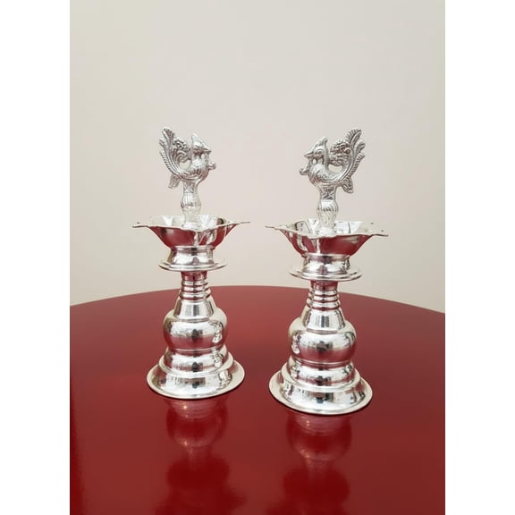 German Silver Pooja Peacock Oil Lamp / Diya for housewarming/ home dcor , 11"