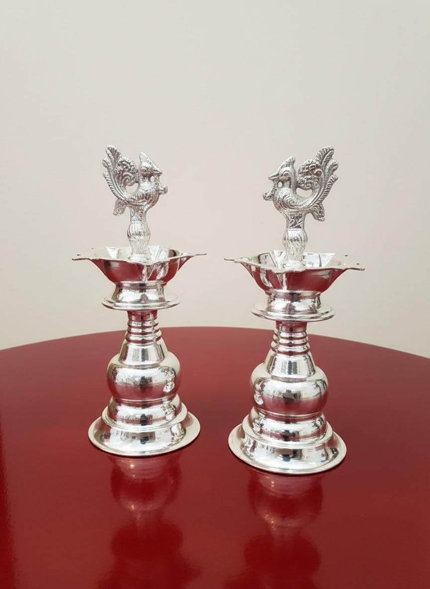 German Silver Pooja Peacock Oil Lamp / Diya for housewarming/ home décor, 6"