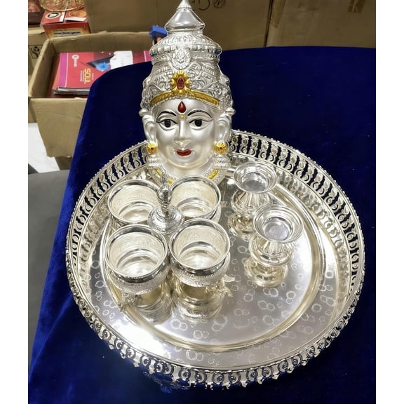 German Silver Pooja Thali Set  5 Piece Ensemble for Rituals, Festive Dcor & Gifting