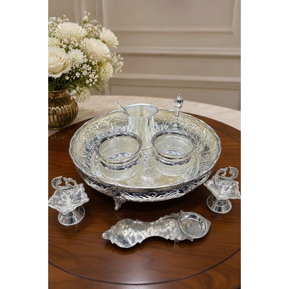 German Silver Pooja Thali Set 8 Piece Ensemble for Rituals, Festive Dcor & Gifting