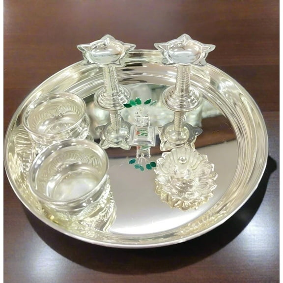 German Silver Pooja Thali Set Of 7 Pieces For Diwali Pooja/ Housewarming