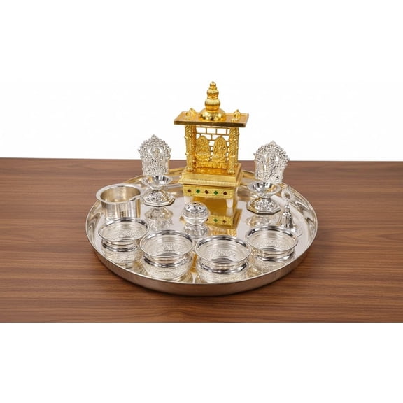 German Silver Premium Pooja Thali Set with Golden Lakshmi Ganesh Temple