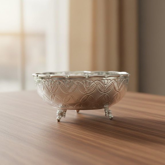 German Silver flower design Bowl 8 Inch Elegant Fruit & Pooja Serveware with Elephant Leg Design, Perfect Gift Item
