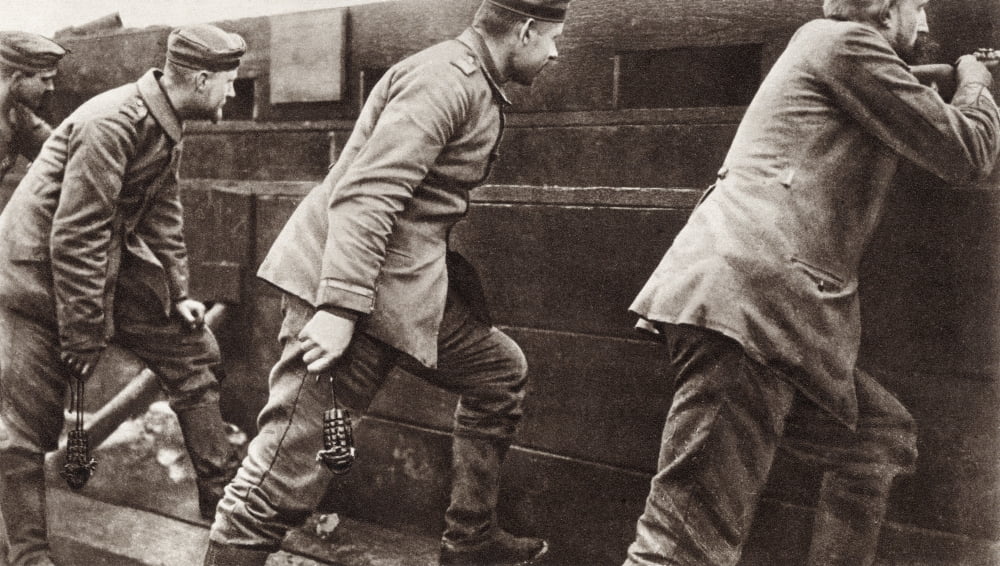 German Soldiers In Trench Holding Hand Grenades During World War I From The Illustrated War News 1915 Canvas Art - Ken Welsh Design Pics (19 x 11)
