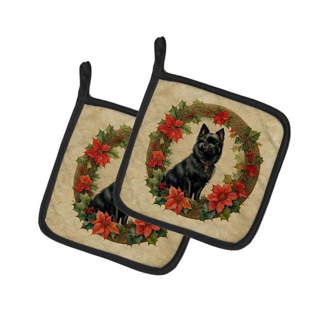 German Spitz Christmas Flowers Pair of Pot Holders 7.5 in x 7.5 in