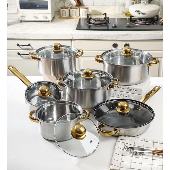German Stainless Steel Cookware Set, 12-Piece Lightweight Pots & Pans with Nonstick Frying Pan, Milk Pot & Glass Lids for Everyday Cooking