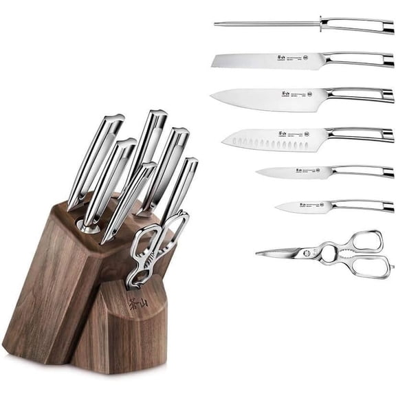 German Steel Forged 8-Piece Knife Block Set with Walnut Block, Kitchen Knife Set with Chef Knife, Utility Knife, Bread Knife, Paring Knife, Kitchen Shears, Sharpening Steel